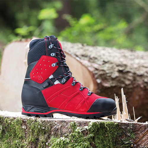Haix - Protector Ultra Signal Red Chainsaw Boots on log - Strathbogie