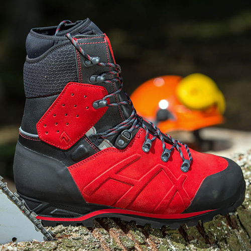 Haix - Protector Ultra Signal Red Chainsaw Boots close up - Strathbogie